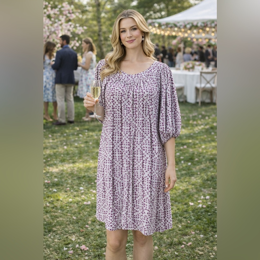 sandro‎ paris 100% silk puff sleeve midi dress babydoll flowy triangle pattern